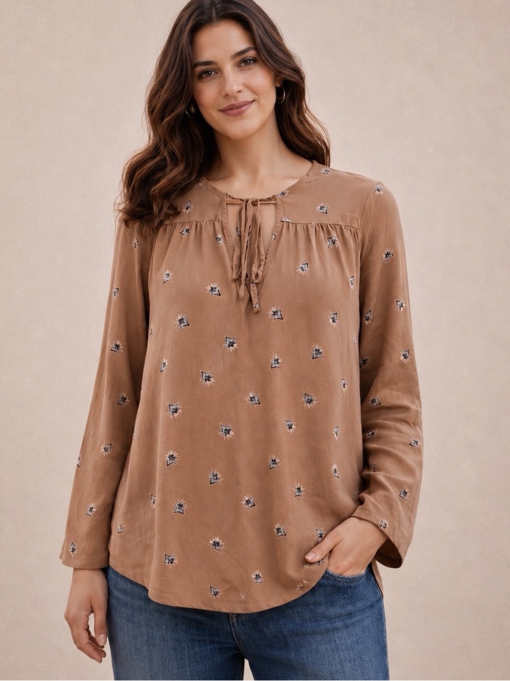 Amuse Society Tan Floral Long Sleeve Tie Neck High Low Boho Blouse Size XS